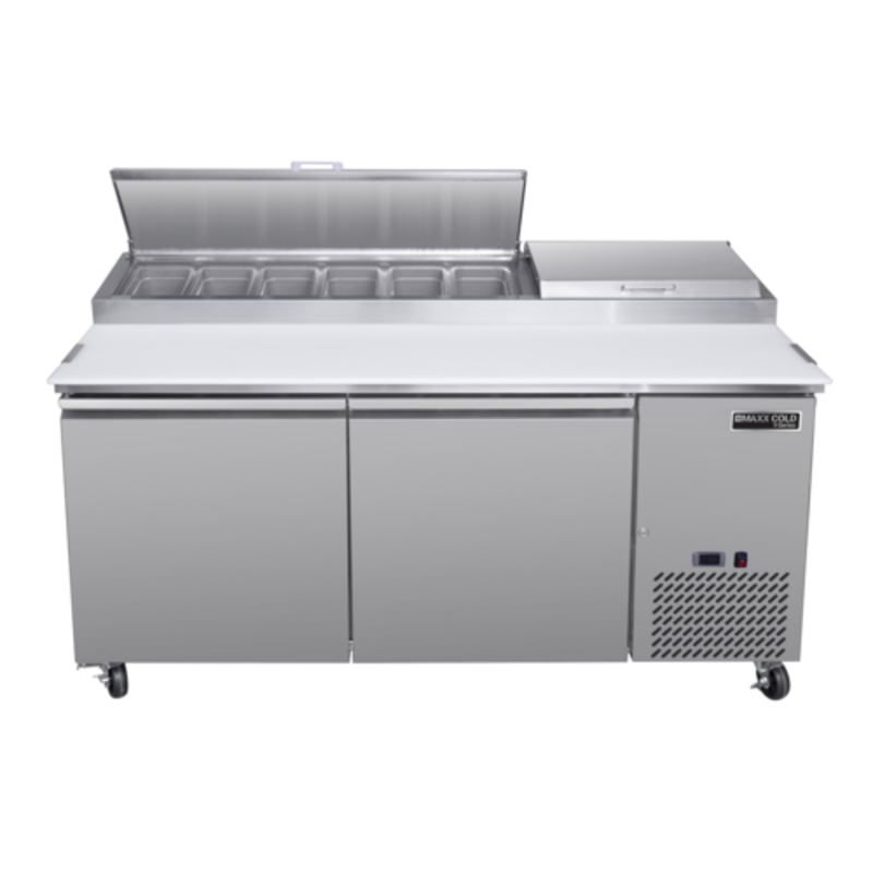 Maxx Cold MVPP70HC V-Series 66.8-Inch Two-Door Commercial Pizza Prep Table with ingredient storage.