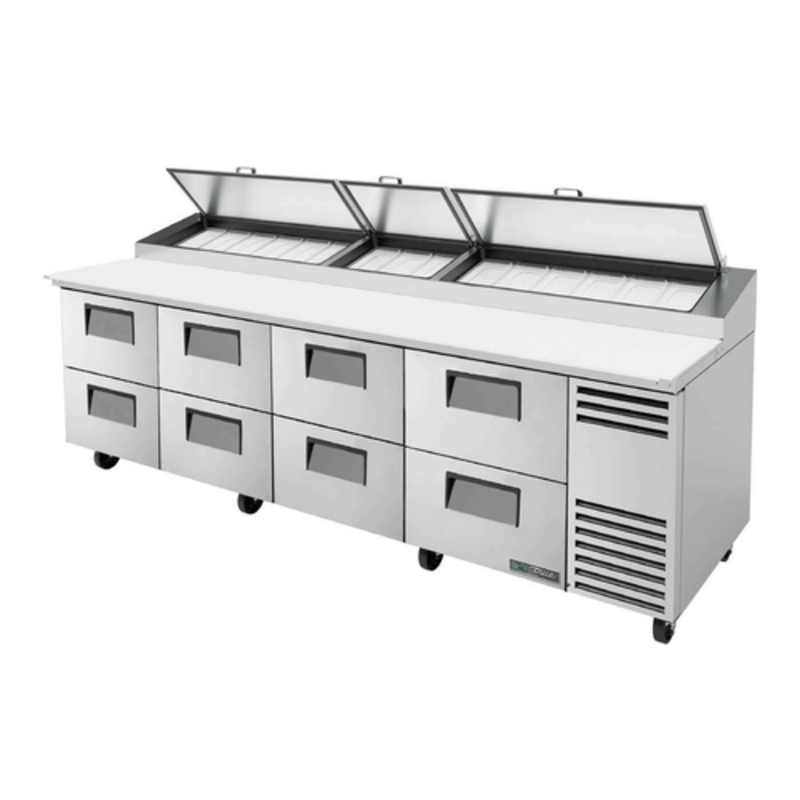 True 119.25-Inch Refrigerated Pizza Prep Table with 8 Drawers TPP-AT-119D-8-HC