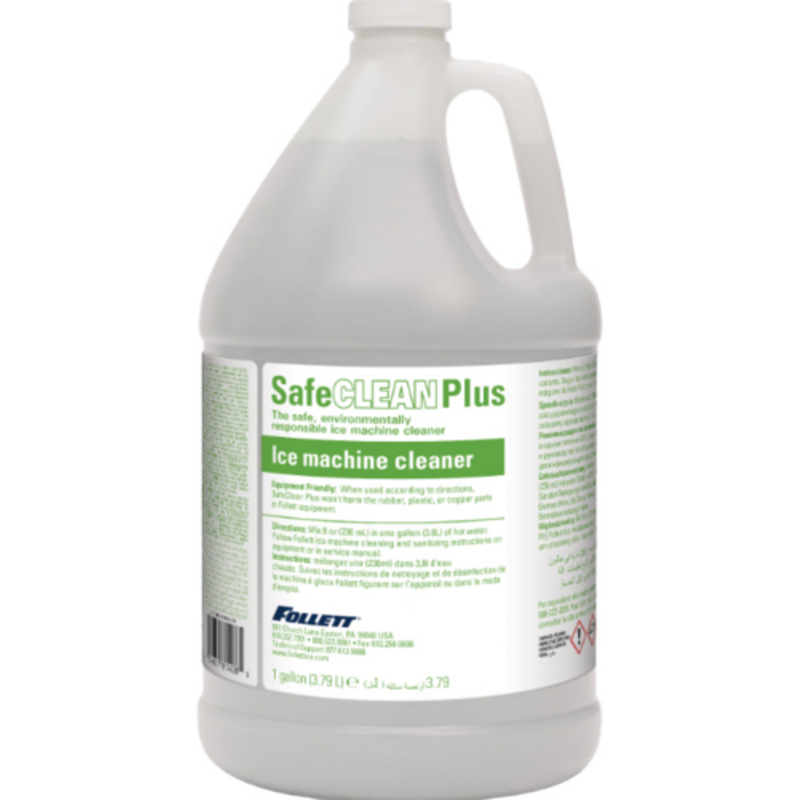 Follett SafeCLEAN Plus liquid descaler for ice machines, 1 gallon bottle for effective maintenance and scale removal.