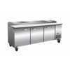 IKON IPP94 94-Inch 3-Door Commercial Pizza Prep Table with built-in pan rail and stainless steel design.