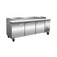 IKON IPP94 94-Inch 3-Door Commercial Pizza Prep Table with built-in pan rail and stainless steel design.