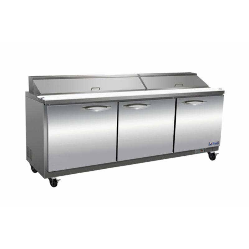 IKON ISP72 Commercial Sandwich Prep Table with three doors and stainless steel finish for food assembly.