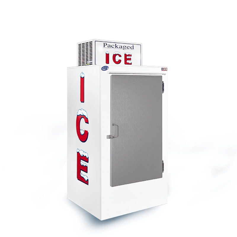 Leer L030UASP outdoor ice merchandiser with solid door for frozen bagged ice storage.
