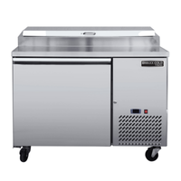 Maxx Cold V-Series MVPP50HC 1-Door Commercial Pizza Prep Table with stainless steel finish and cutting board.