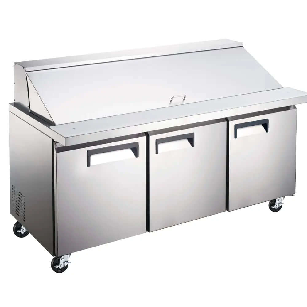 SCLM3 Refrigerated Mega Top Prep Table 70" with three doors and stainless steel finish, perfect for busy kitchens.