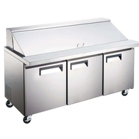 SCLM3 Refrigerated Mega Top Prep Table 70" with three doors and stainless steel finish, perfect for busy kitchens.