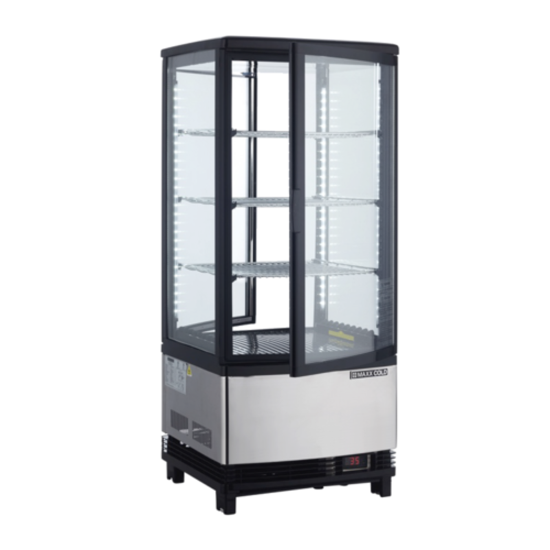 Maxx Cold MECR-32D pass-through refrigerated merchandiser featuring a two-door design and tempered glass for visibility.