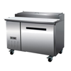 Maxx Cold MXCPP50HC Refrigerated Pizza Prep Station with single door and top rail for pizza ingredient storage.