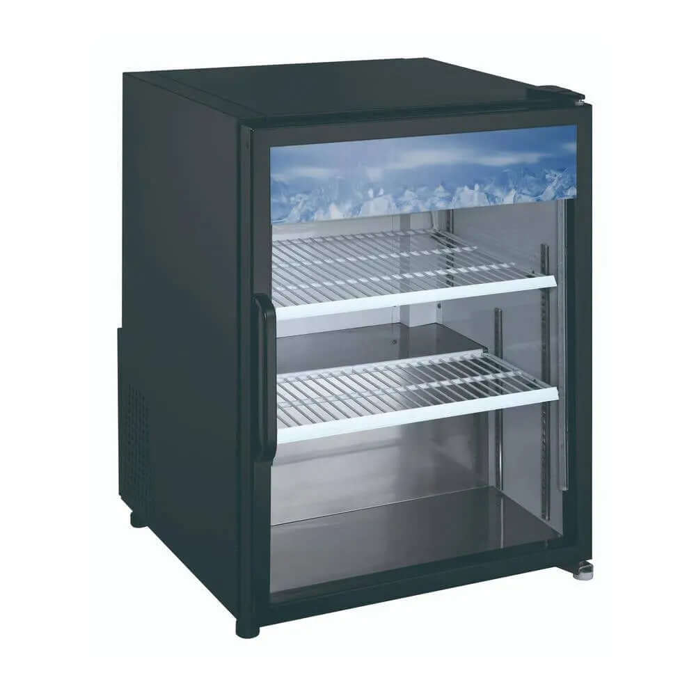 G138BMF-HC Glass Door Countertop Refrigerator showcasing chilled beverages and food items.