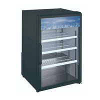 G188BMF-HC glass door countertop refrigerator showcasing drinks and snacks, perfect for retail display.