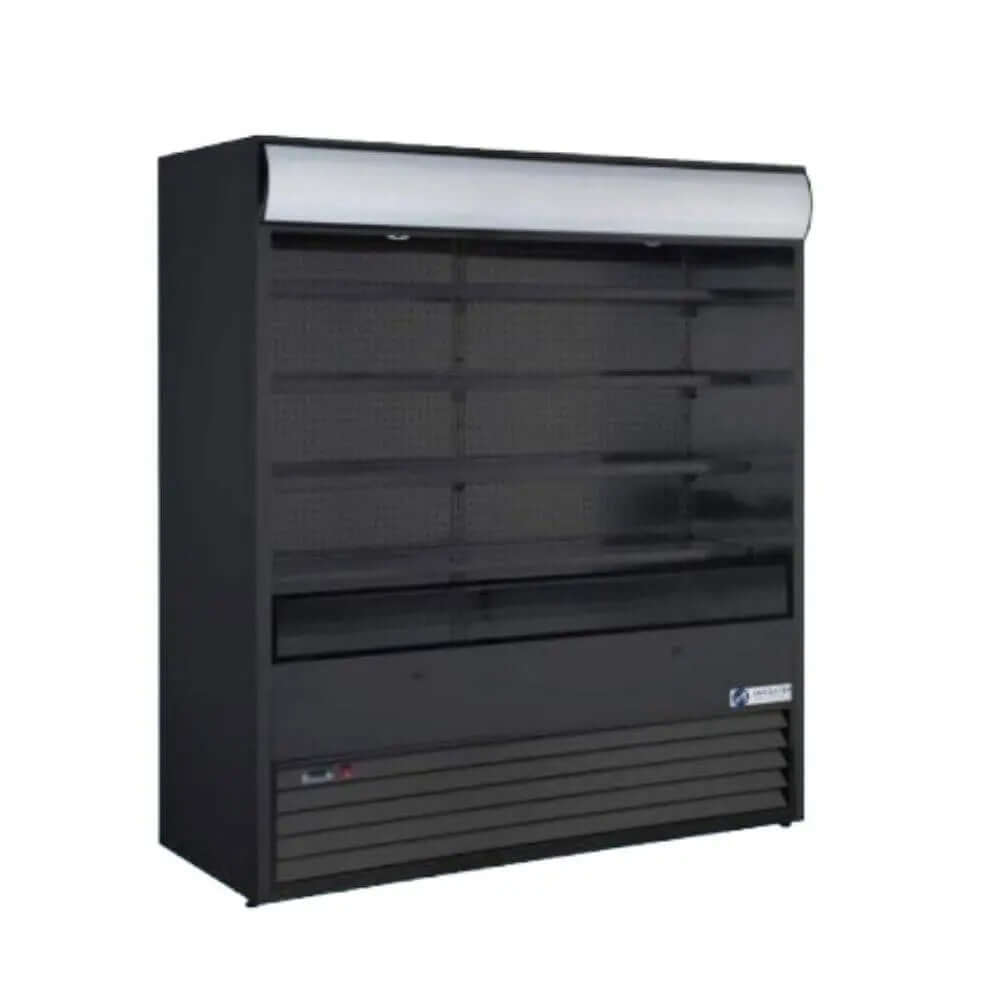 open case refrigerator 74.5 inch with sleek black design and multiple shelves for optimized display.