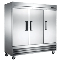 3FF Triple Solid Door Freezer with stainless steel finish, three doors, and adjustable shelves for commercial use.