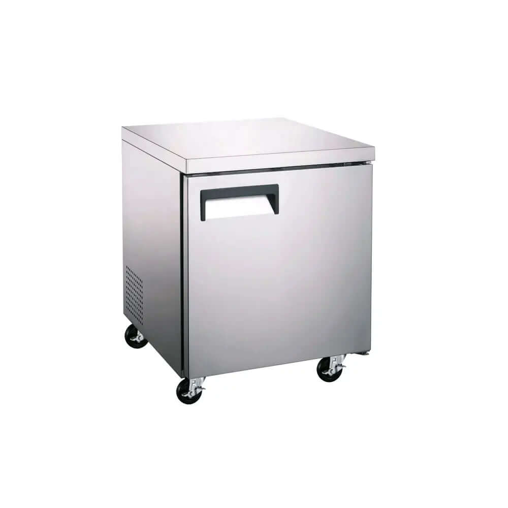 UUC27R one solid door under counter cooler for commercial kitchens and bars, compact refrigeration unit on wheels.