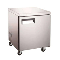 UUC27F One Solid Door Under Counter Freezer 27 inch with stainless steel finish and rolling wheels for easy mobility.