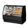 True 59-Inch Dual Zone Glass Merchandiser displaying assorted baked goods and pastries in a curved glass case.