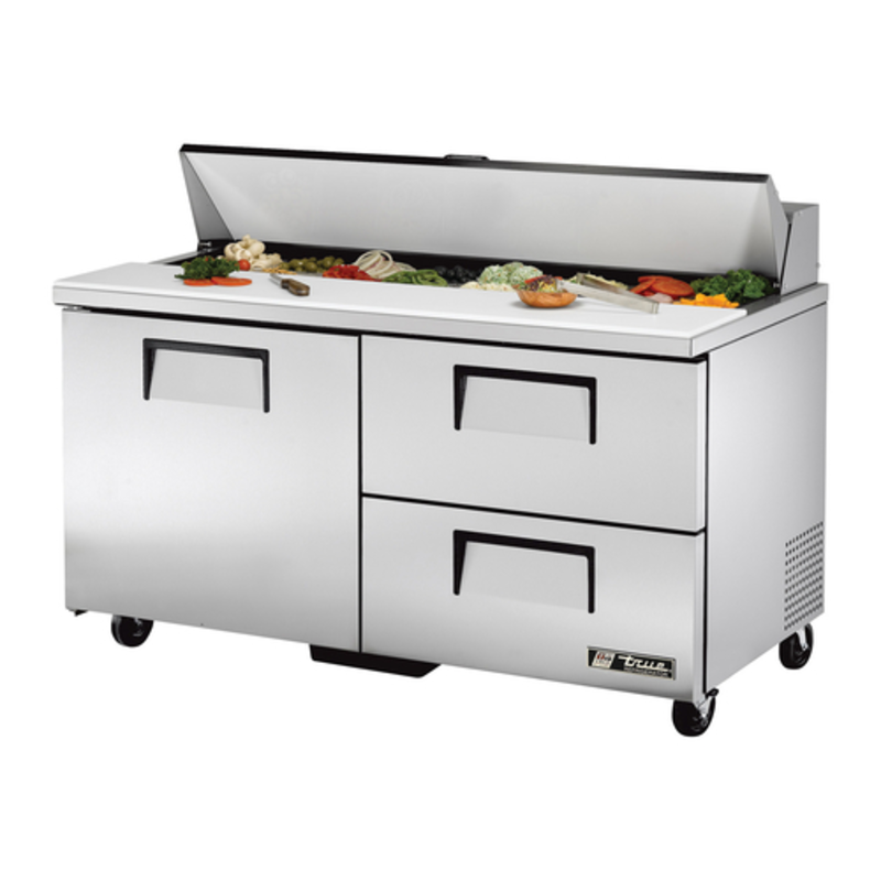True 60" Refrigerated Prep Table with Drawers and ingredients for food preparation on top.