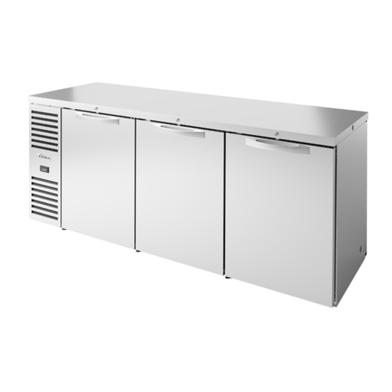 True Refrigeration Pass-Thru Back Bar Cooler with three solid doors and stainless steel finish.