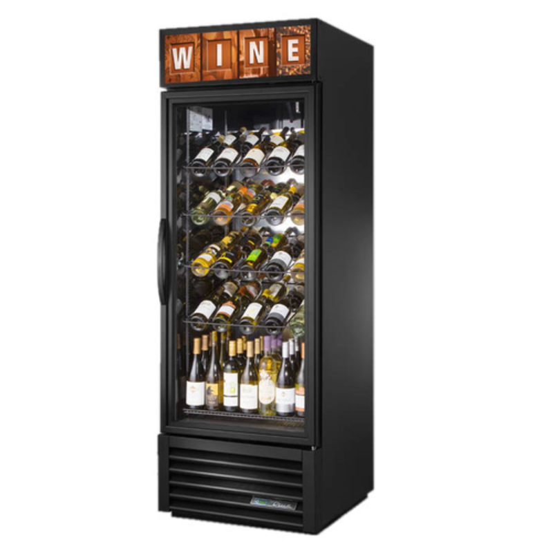 True Refrigeration GDM-23W-HC~TSL01 Single Glass Door Commercial Wine Merchandiser showcasing various wine bottles.