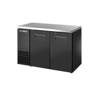 True Refrigeration 48 inch back bar cooler with two doors and stainless steel top for efficient beverage storage.
