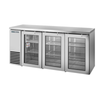 True Refrigeration glass door back bar cooler with three thermal-insulated swing doors and stainless steel design.