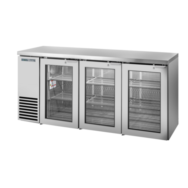 True Refrigeration glass door back bar cooler with three thermal-insulated swing doors and stainless steel design.