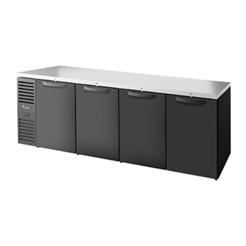 True Refrigeration four-section back bar refrigerator featuring four solid doors and spacious storage for high-volume needs.