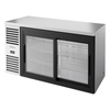 60-inch sliding glass door back bar cooler with two sections and stainless steel finish.