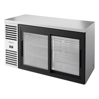 60-inch sliding glass door back bar cooler with two sections and stainless steel finish.