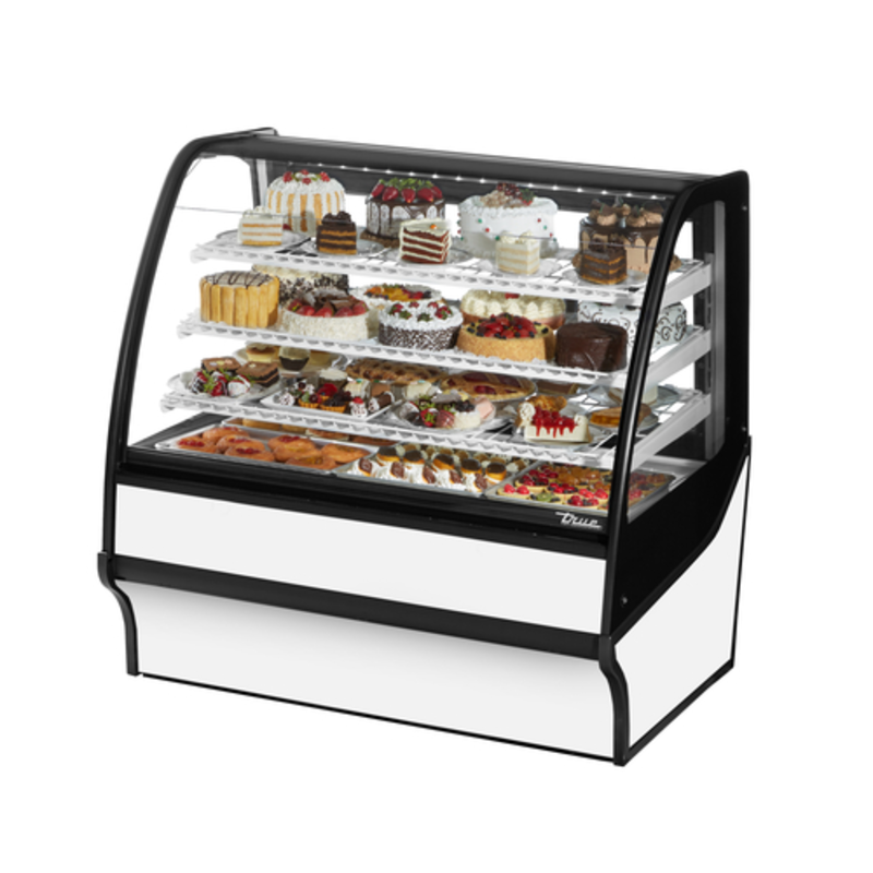 True Refrigeration refrigerated bakery display case showcasing decorated pastries and cakes in a stylish design.