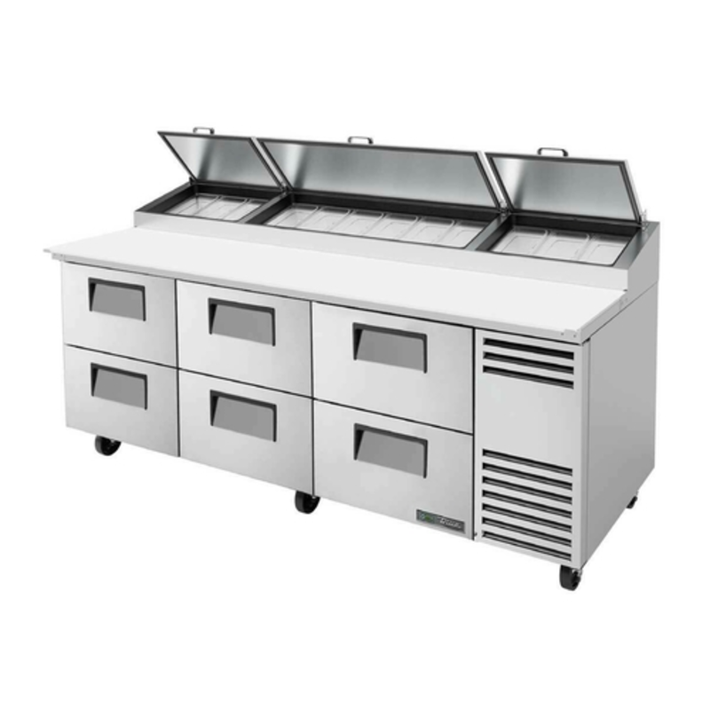 True Refrigeration commercial pizza prep station with six drawers, 93-inch design, enhances pizza kitchen productivity.