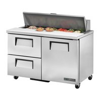 True Refrigeration TSSU-48-12D-2-HC 48-inch sandwich prep table with door and drawers for food preparation.