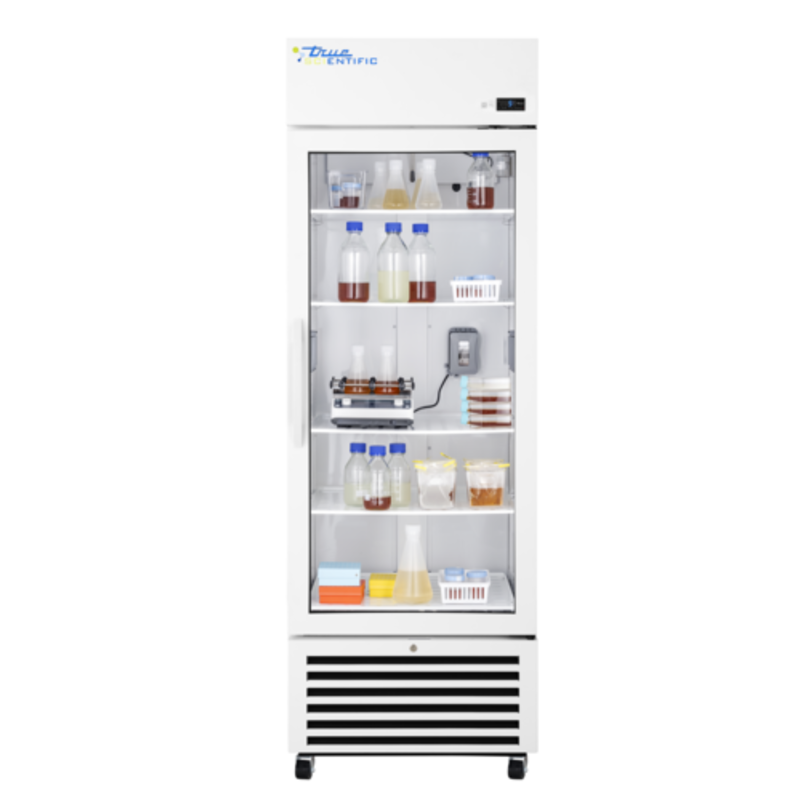True Scientific medical chromatography refrigerator with bottles and containers for safe storage in a laboratory.