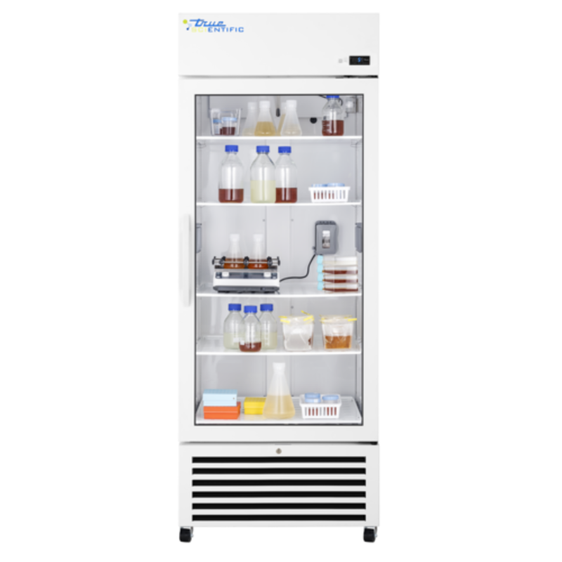 True Scientific 30-Inch Chromatography Refrigerator featuring multiple shelves filled with various lab materials.