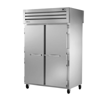 True STG2RPT-2S-2S-HC two-section pass-thru refrigerator with solid doors and stainless steel exterior.