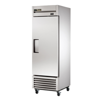 True T-23F-HC 27-Inch Commercial Reach-In Freezer with solid door and wheels for easy mobility.