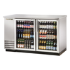 True TBB-2G-S-HC-LD stainless steel back bar cooler displaying various beverages.