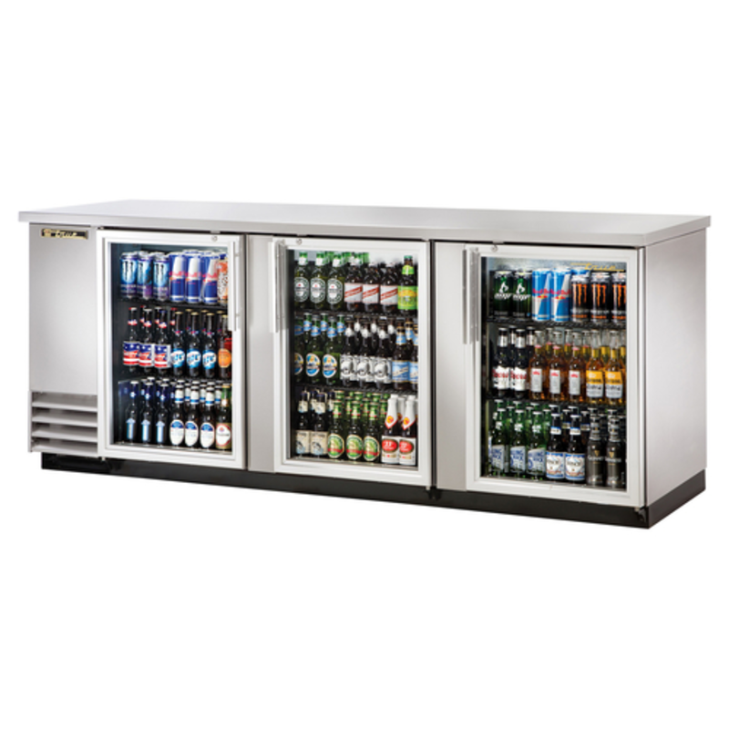 True TBB-4G-S-HC-LD 90.38-Inch Stainless Steel 3-Door Refrigerated Back Bar Cabinet