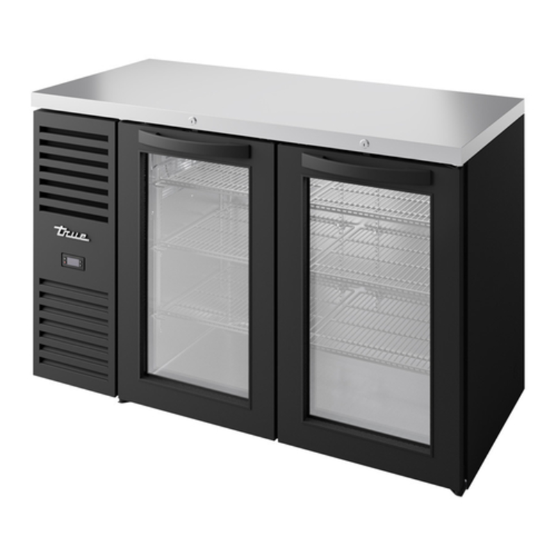 True 52" Glass Door Back Bar Refrigerator with Stainless Steel Top and spacious interior for beverage storage.