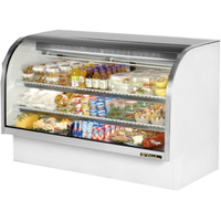 True TCGG-72-HC-LD 72-Inch Curved Glass Refrigerated Deli Merchandiser showcasing various food items.