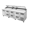 True TPP-AT-119D-6-HC 119-inch commercial pizza prep table with six drawers and two hinged tops.