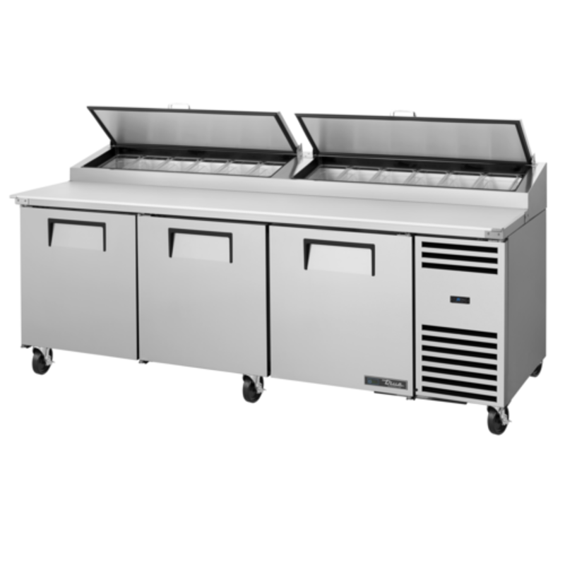 True TPP-AT2-93-HC~SPEC3 93-inch commercial pizza prep counter with three-door configuration.