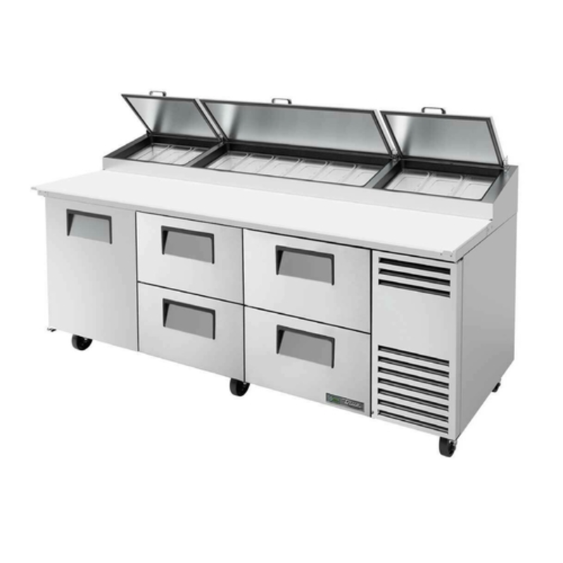 True TPP-AT2-93D-4-HC 93" Commercial Refrigerated Pizza Prep Station with 1 Door & 4 Drawers