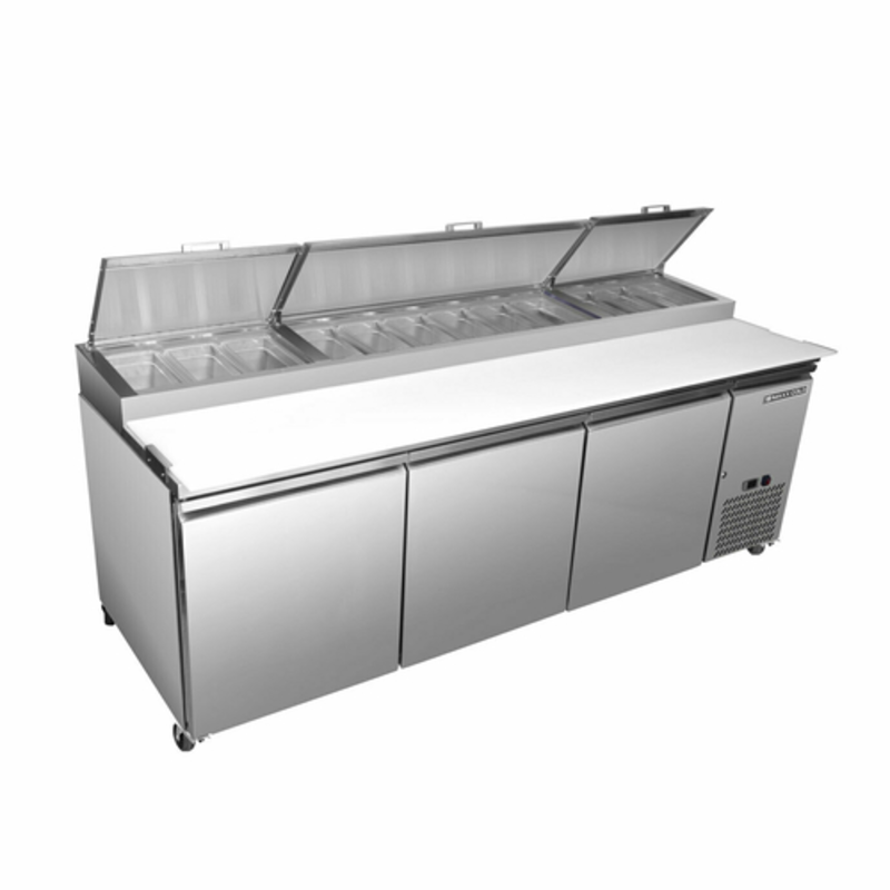 Maxx Cold MXSPP92HC 94-Inch Three-Door Commercial Pizza Prep Table for efficient ingredient storage.